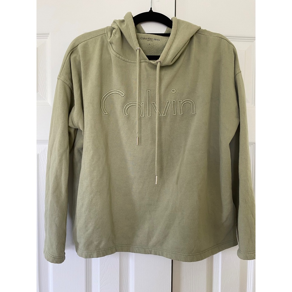 Calvin Klein Jeans Hoodie Womens M Green Embroidered Logo Pullover Sweatshirt